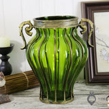 SOGA Green Colored European Glass Home Decor Flower Vase with Two Metal Handle