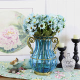 SOGA Blue Colored European Glass Home Decor Flower Vase with Two Metal Handle