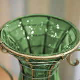 SOGA Green Colored European Glass Flower Vase Solid Base with Two Gold Metal Handle