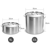 SOGA 9L Wide Stock Pot  and 33L Tall Top Grade Thick Stainless Steel Stockpot 18/10