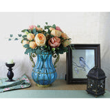 SOGA Blue Colored European Glass Home Decor Flower Vase with Two Metal Handle