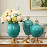 SOGA 2x 38cm Ceramic Oval Flower Vase with Gold Metal Base Green