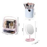 SOGA 2 Tier Pink Countertop Cosmetic Makeup Brush Lipstick Holder Organiser and 20cm Rechargeable LED Light Tabletop Mirror Set