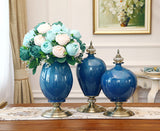SOGA 2x 42cm Ceramic Oval Flower Vase with Gold Metal Base Dark Blue