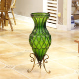 SOGA 67cm Green Glass Tall Floor Vase with Metal Flower Stand